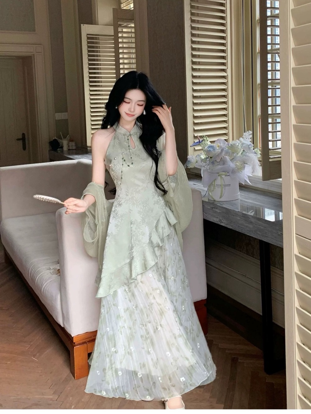 Elegant Sage Green Halter Evening Dress Qipao Style